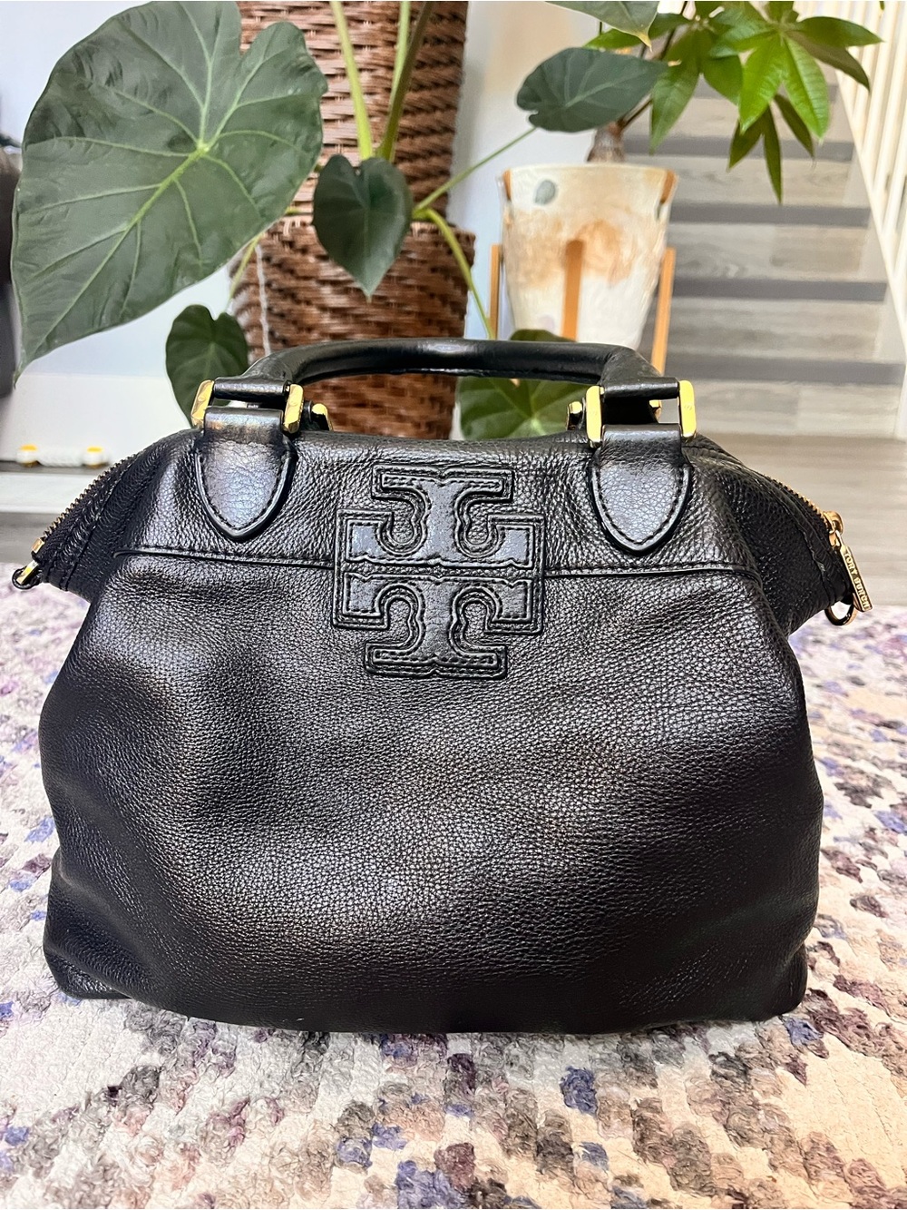 Tory Burch Black Leather Satchel with Gold Hardware